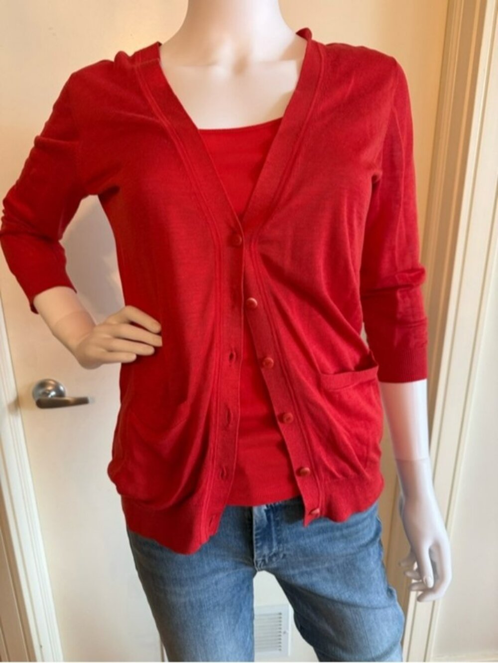 Women’s Red V-Neck Button Cardigan Sweater